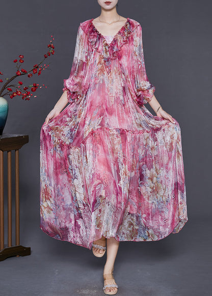 Rose Ruffles Print Silk Party Dress Spring