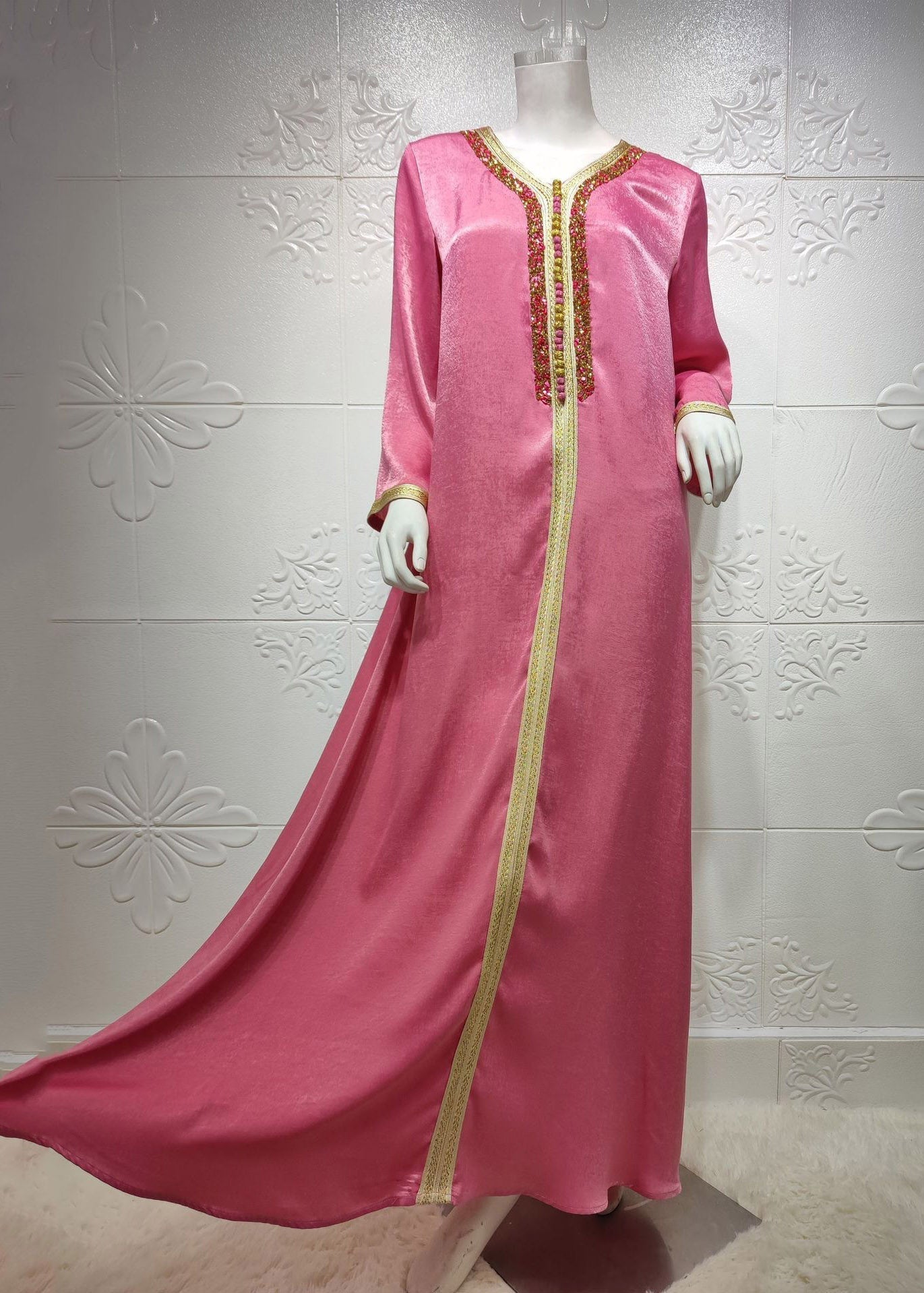 Rose V Neck Lace Patchwork Zircon Velour Maxi Dress Long Sleeve
