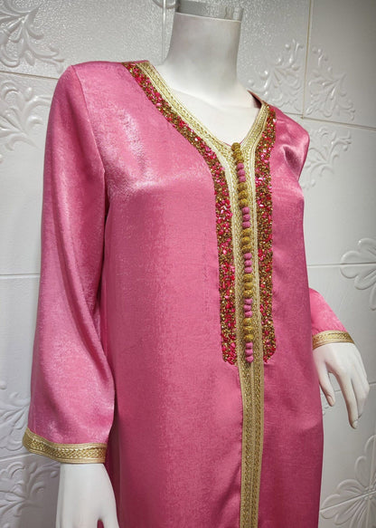 Rose V Neck Lace Patchwork Zircon Velour Maxi Dress Long Sleeve