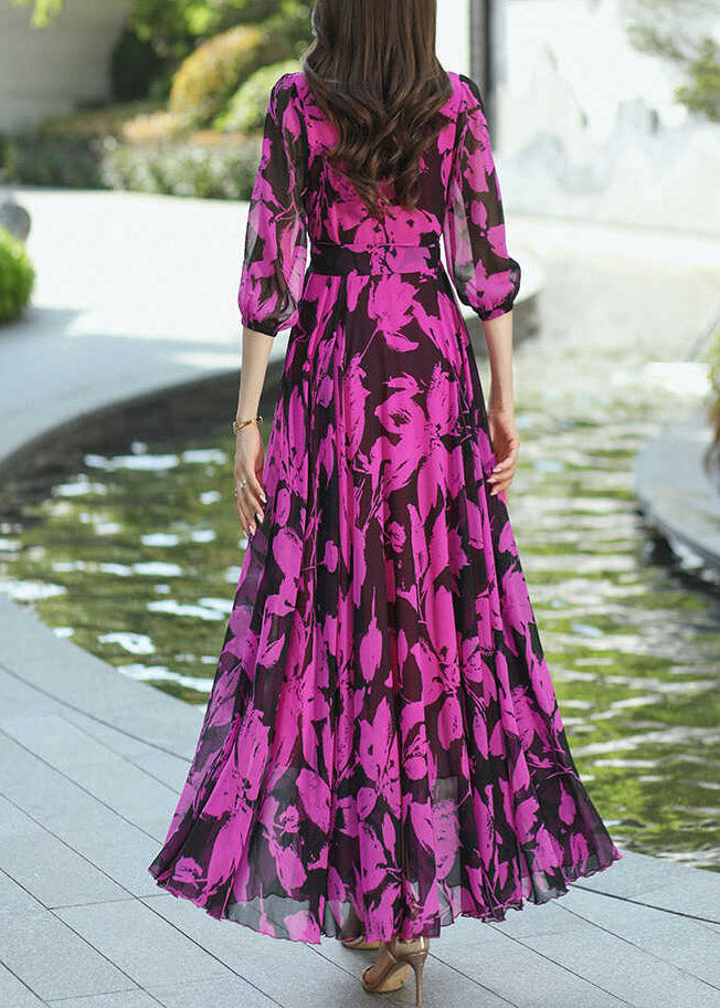 Rose V Neck Print Wrinkled Chiffon Dresses Summer