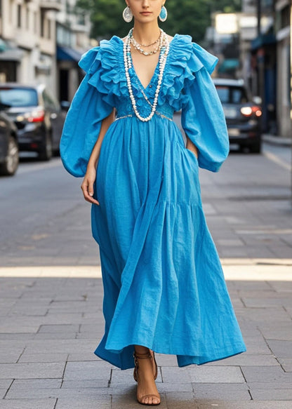 Royal Blue Ruffled Cotton Robe Dresses Spring