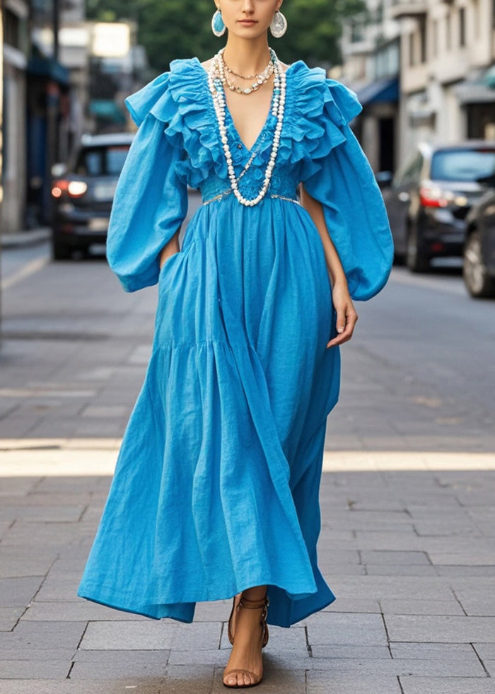 Royal Blue Ruffled Cotton Robe Dresses Spring