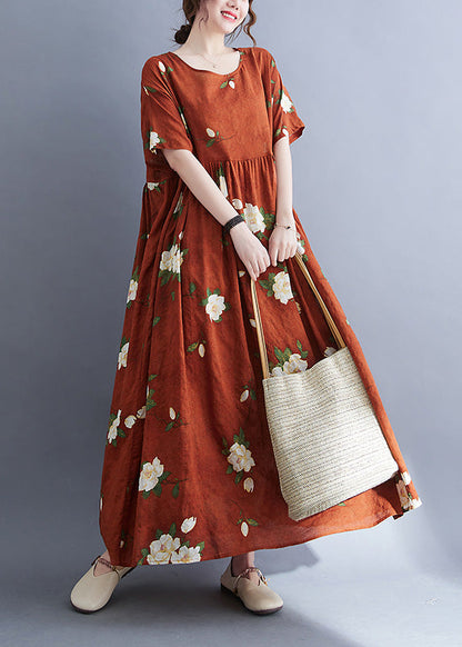 Rust O-neck Patchwork Print Vacation Maxi Dresses Short Sleeve