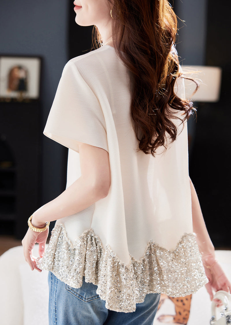 Short Sleeve Apricot O-neck Sequins Patchwork