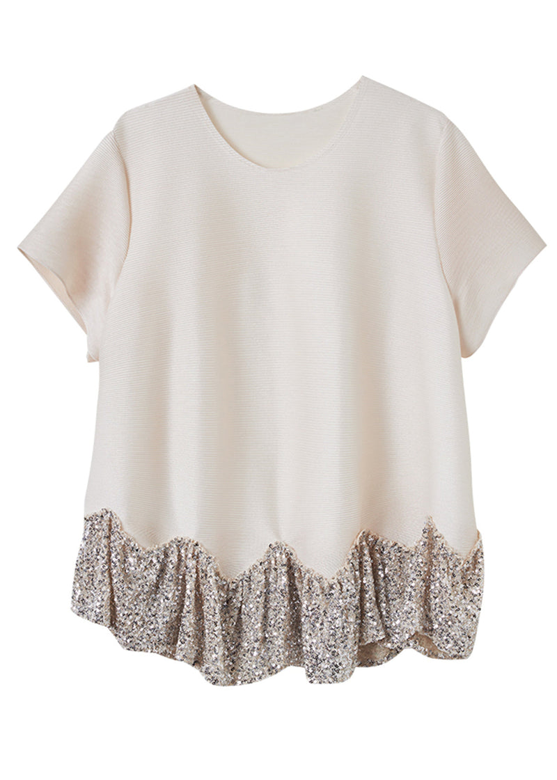 Short Sleeve Apricot O-neck Sequins Patchwork