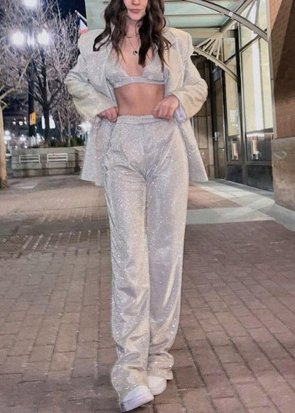 Silver Notched Sequins Coats ,vest and Straight Pants Three Piece Set Fall