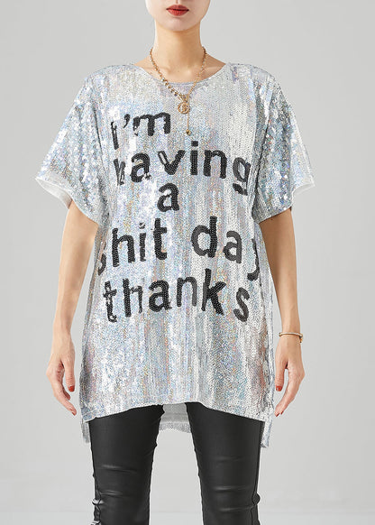 Silver Sequins Oversized Letter Print Tanks Summer