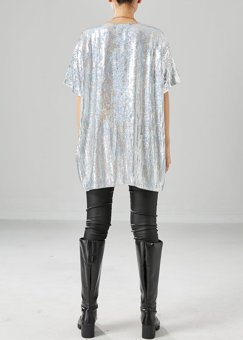 Silver Sequins Oversized Letter Print Tanks Summer