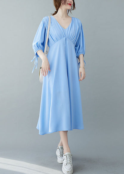 Blue V Neck Wrinkled Chiffon Long Dresses Bracelet Sleeve
