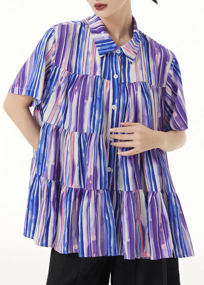 Striped Peter Pan Collar Wrinkled Patchwork Silk Cotton Blouse Summer