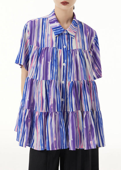 Striped Peter Pan Collar Wrinkled Patchwork Silk Cotton Blouse Summer