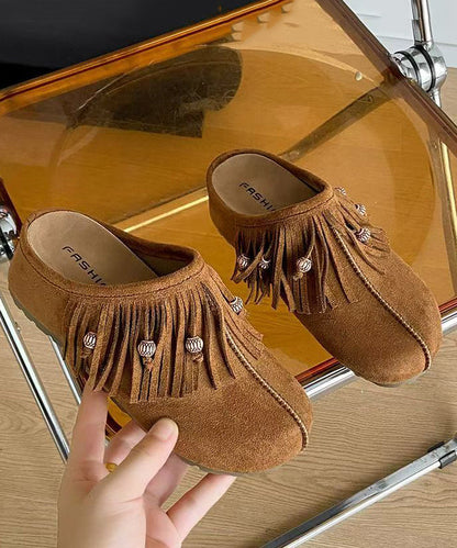 Tassel Splicing Wedge Khaki Suede Slide Sandals