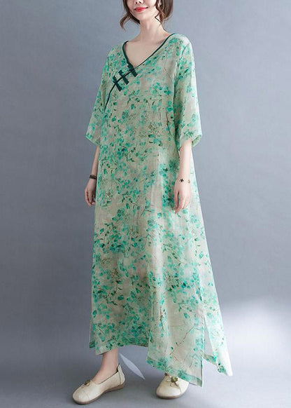 V Neck Print Button Side Open Holiday Dress Three Quarter Sleeve