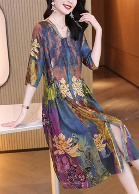 V Neck Print Cinched Button Dresses Half Sleeve