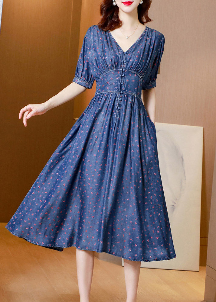 V Neck Print Tunic Silk Denim Long Dress Short Sleeve
