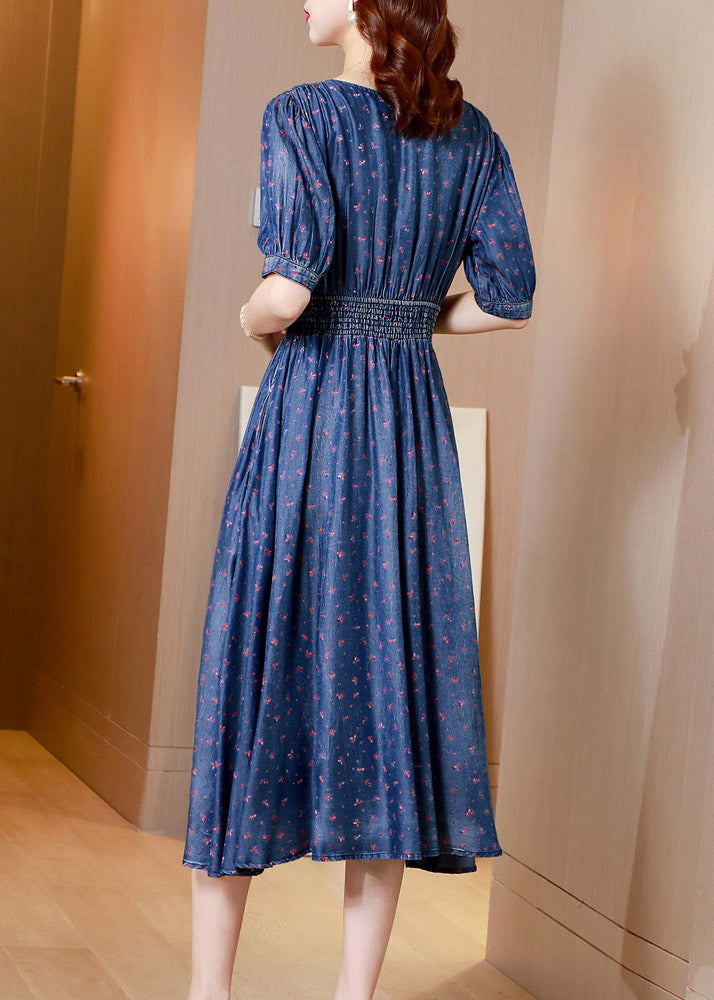 V Neck Print Tunic Silk Denim Long Dress Short Sleeve