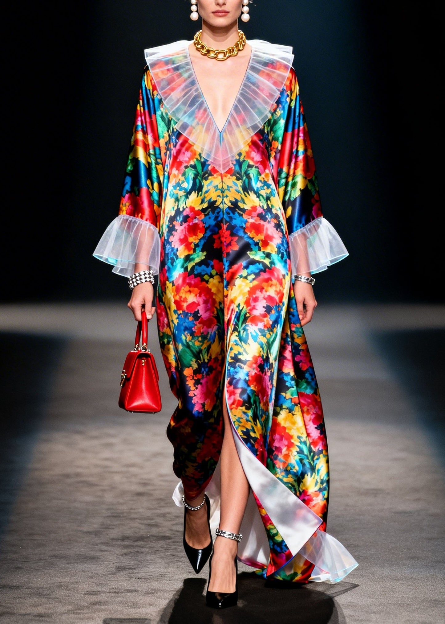 V Neck Ruffled Print Patchwork Chiffon Robe Dresses Spring