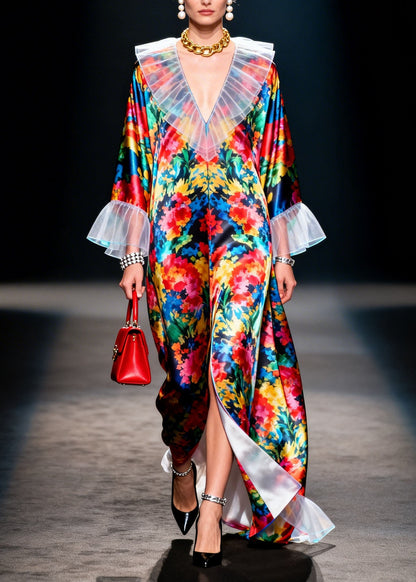 V Neck Ruffled Print Patchwork Chiffon Robe Dresses Spring