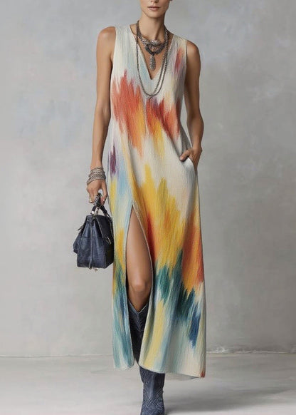 V Neck Side Open Print Long Dresses Sleeveless