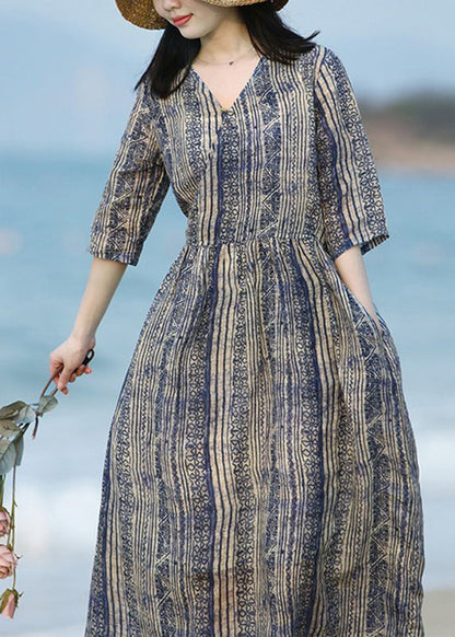 V Neck Striped Print Patchwork Ramie Long Dress Summer