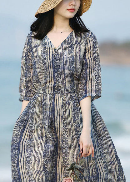 V Neck Striped Print Patchwork Ramie Long Dress Summer