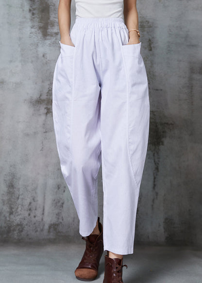 White Elastic Waist Cotton Harem Pants Spring