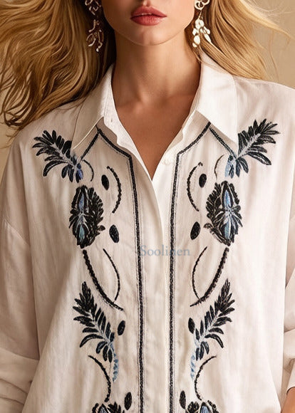 Boho White Embroidered Cotton Shirt Top Spring