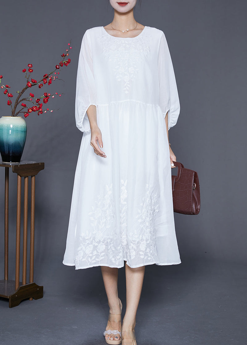 White Embroideried Oversized Cotton Dress Lantern Sleeve