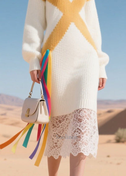 White Lace Patchwork Warm Knitwear Dress Winter