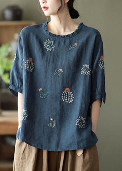 White O-neck Embroideried Summer Ramie Blouse Half Sleeve