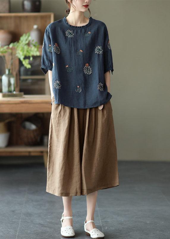 White O-neck Embroideried Summer Ramie Blouse Half Sleeve