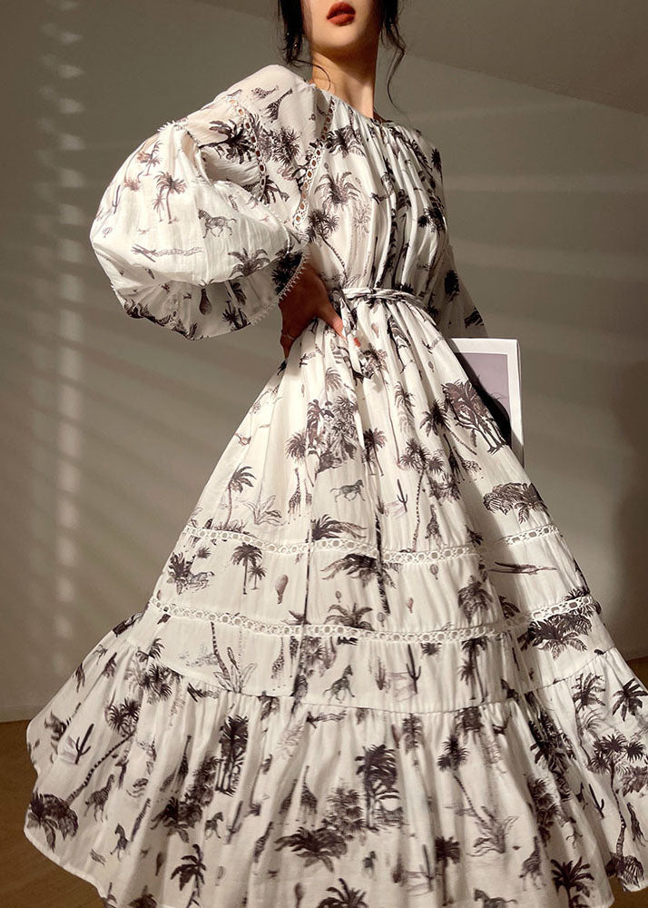 White O-neck Patchwork Print Exra Large Hem Long Dress Lantern Sleeve