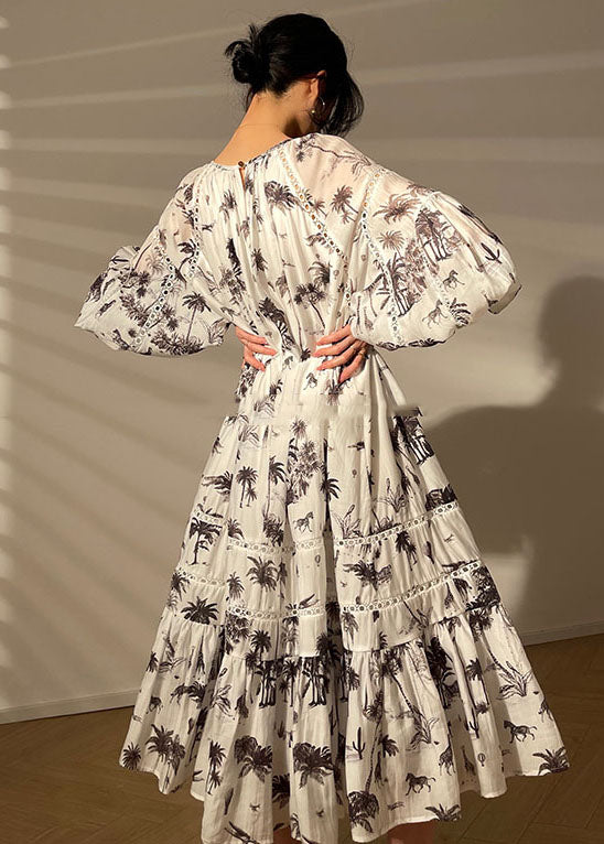 White O-neck Patchwork Print Exra Large Hem Long Dress Lantern Sleeve