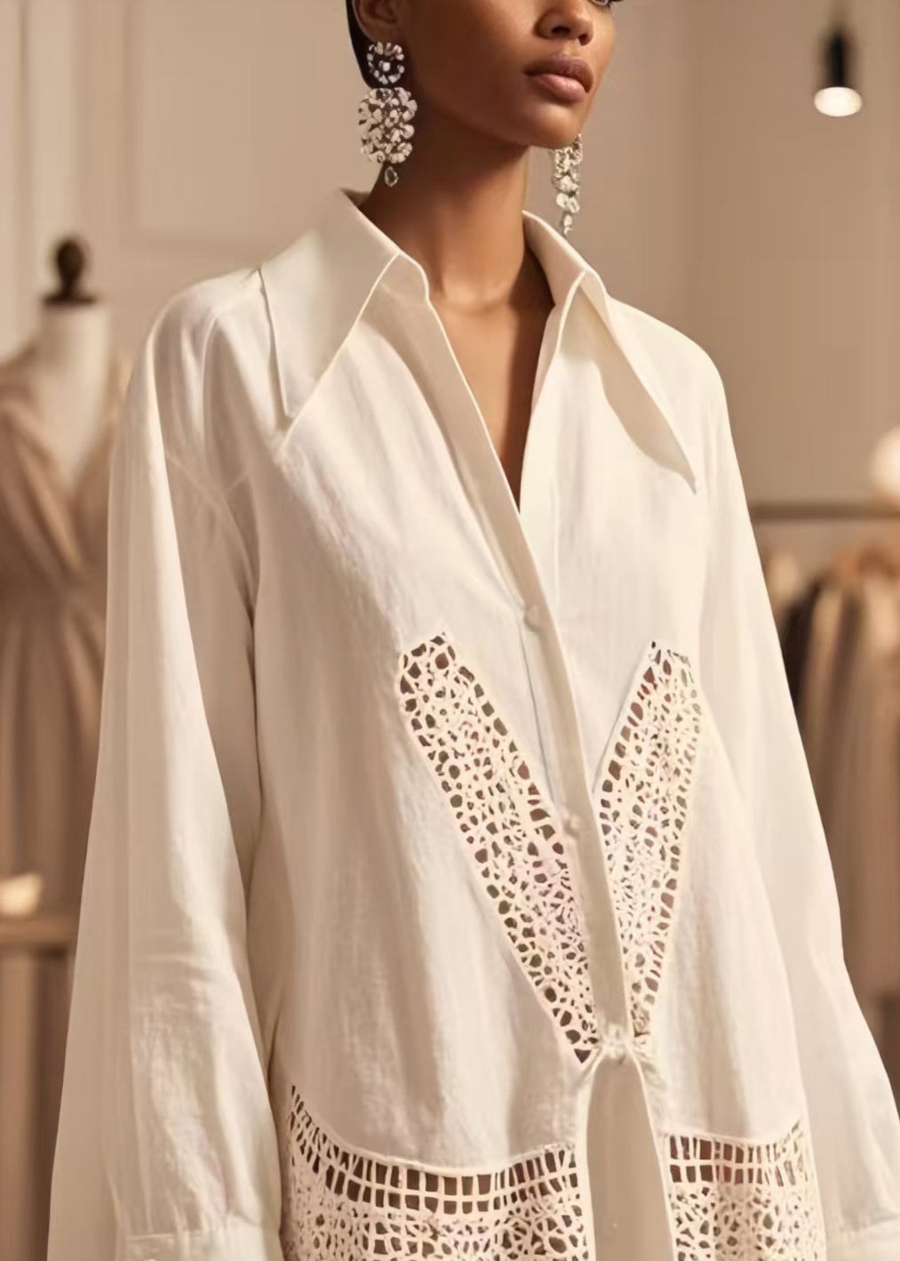 Boho White Oversized Hollow Out Cotton Shirt Tops Spring