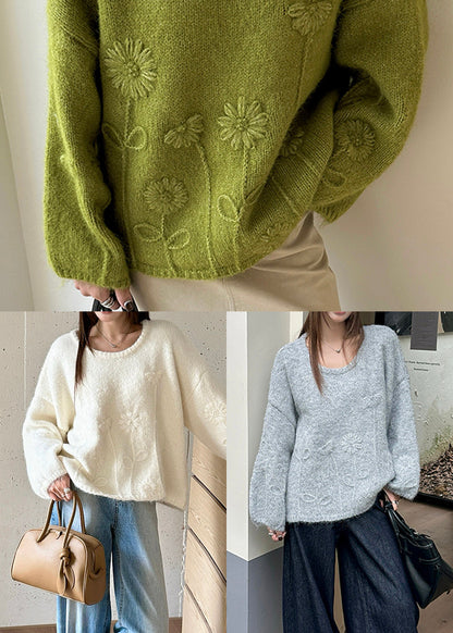 White Oversized Jacquard Knit Sweaters Winter
