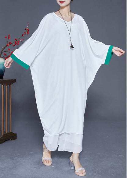 White Oversized Patchwork Silk Dresses Batwing Sleeve