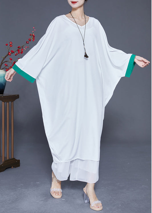 White Oversized Patchwork Silk Dresses Batwing Sleeve