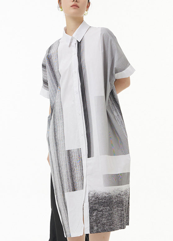 White Peter Pan Collar Striped Cotton Maxi Shirt Dress Summer