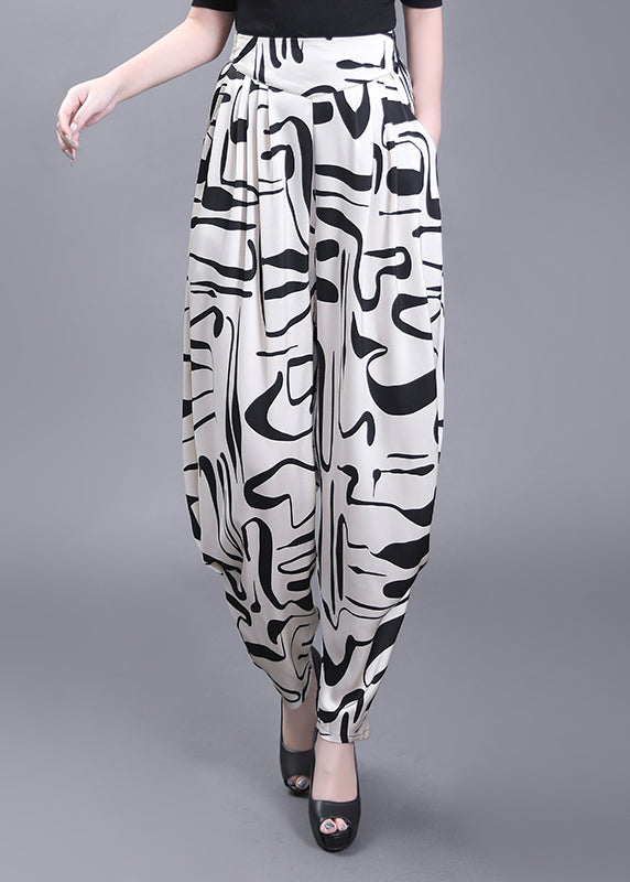 White Pockets Print High Waist Chiffon Pants Summer