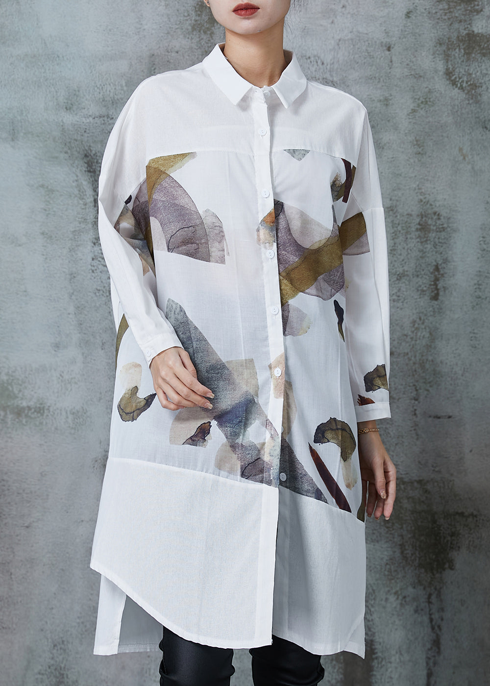White Print Patchwork Cotton Long Shirts Summer