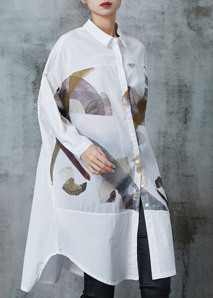 White Print Patchwork Cotton Long Shirts Summer