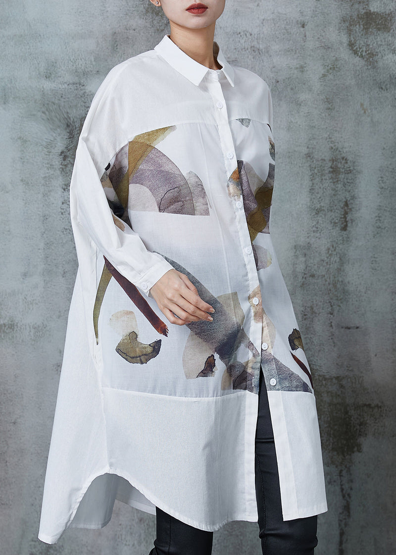 White Print Patchwork Cotton Long Shirts Summer