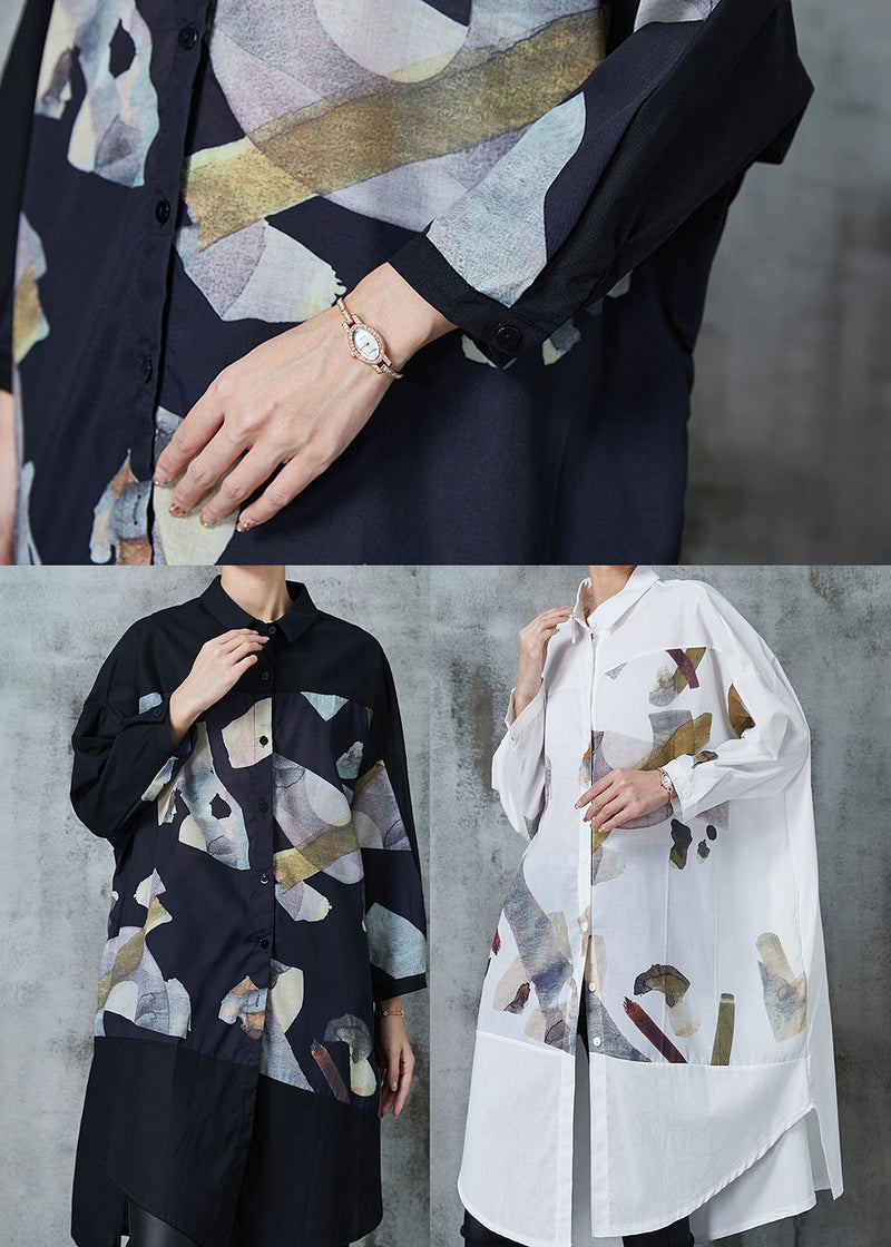 White Print Patchwork Cotton Long Shirts Summer