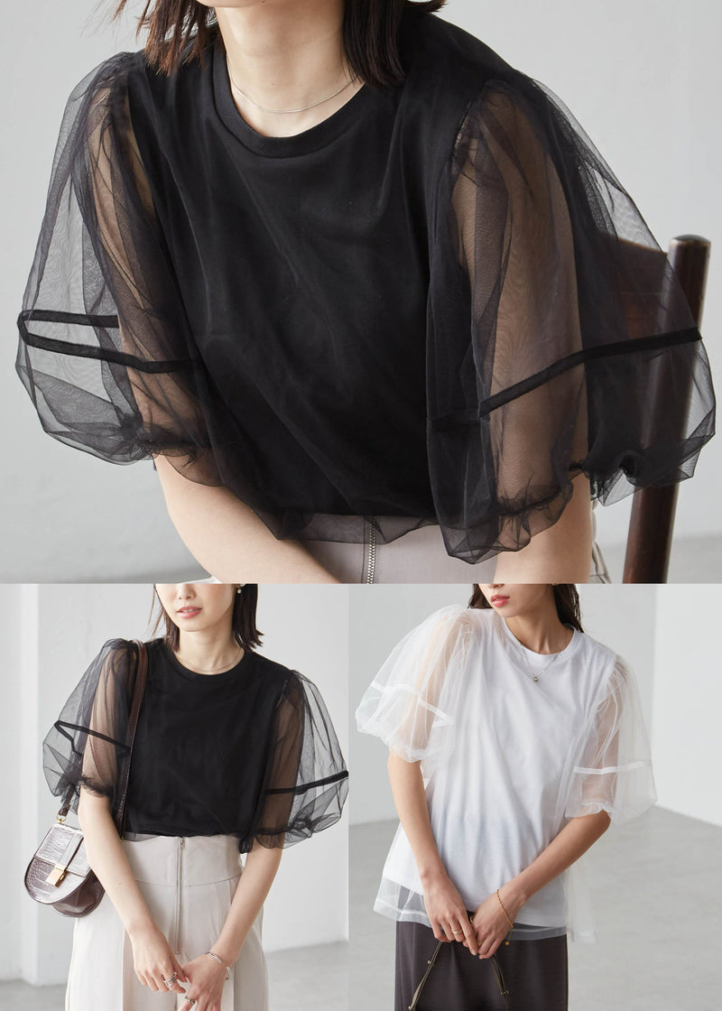 White Puff Sleeve Patchwork Tulle Tanks Summer