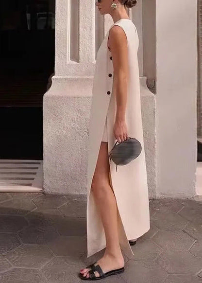 White Side Open Cotton a Line Dress Sleeveless
