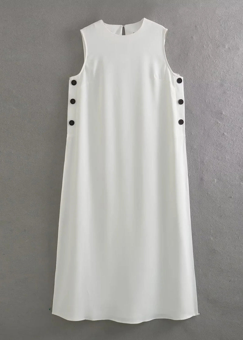 White Side Open Cotton a Line Dress Sleeveless