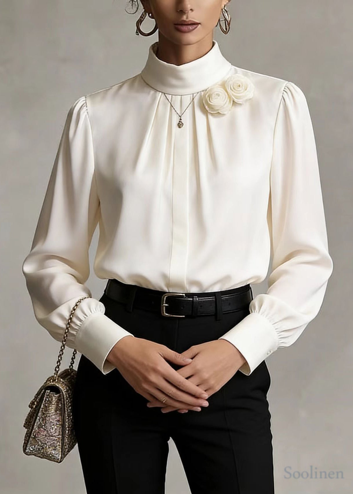 Boho White Stand Collar Floral Chiffon Shirt Top Spring
