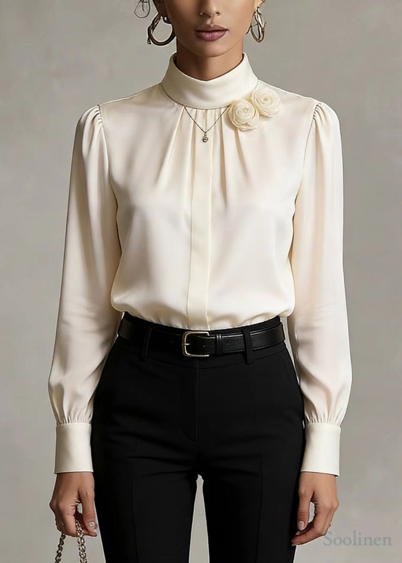 White Stand Collar Chiffon Shirt Top Spring