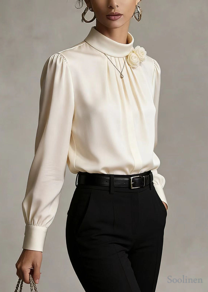 White Stand Collar Chiffon Shirt Top Spring