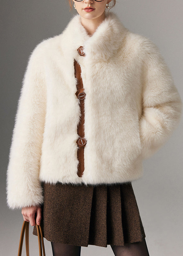 White Stand Collar Patchwork Warm Faux Fox Fur Jacket Winter